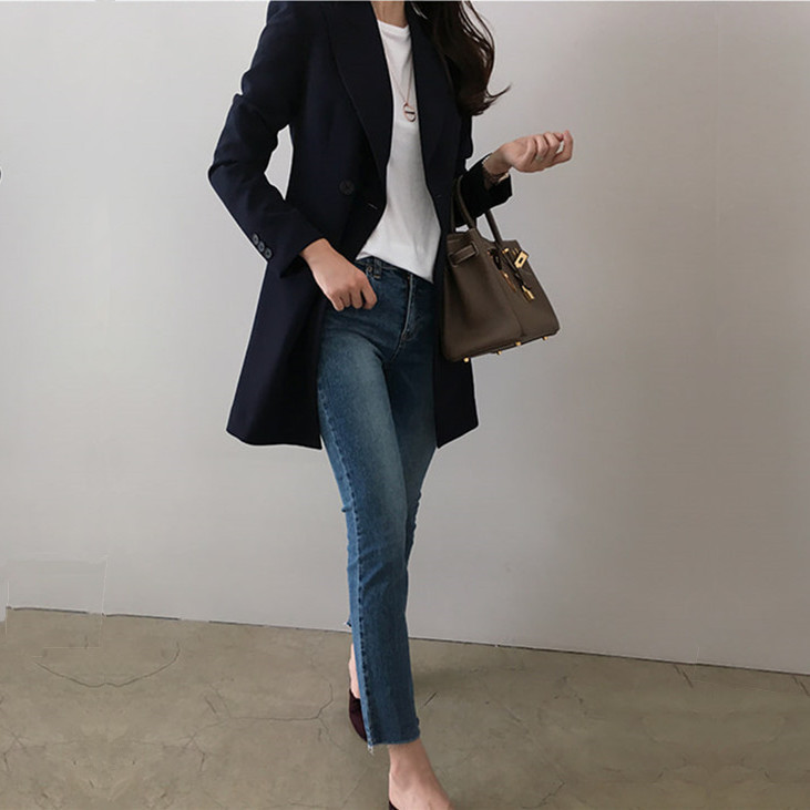 Double-row one-button simple casual suit tops for women 2023 Spring New Korean Style Slim Waist Mid-Length Suit Jacket
