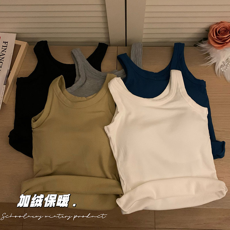 實拍 秋冬韓版磨毛加厚保暖帶胸墊無袖背心修身顯瘦打底上衣