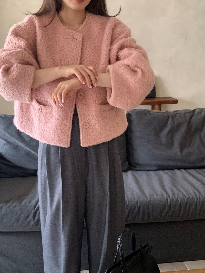 實拍 韓版百搭減齡溫柔風圓領單排扣寬鬆保暖圈圈呢短款外套 兩色