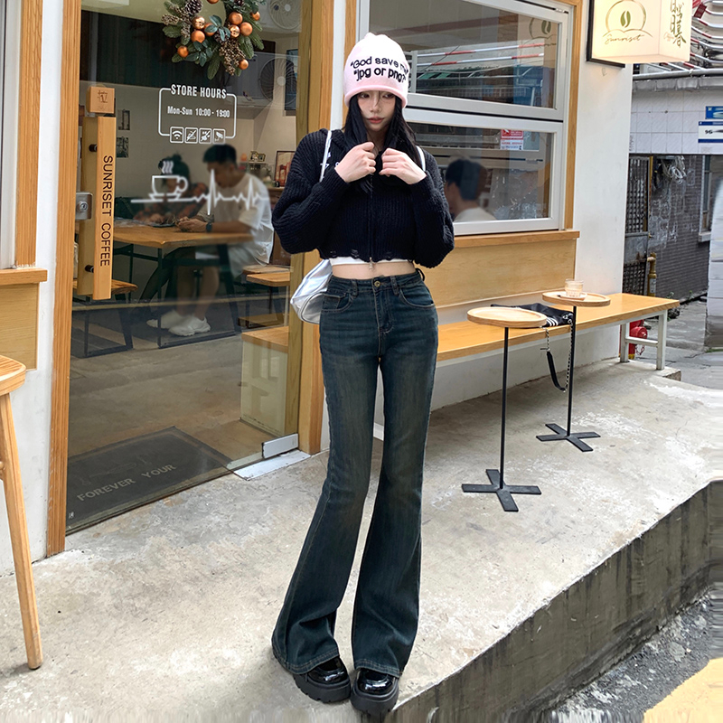 實拍2023秋季時尚美式復古微喇叭牛仔褲女