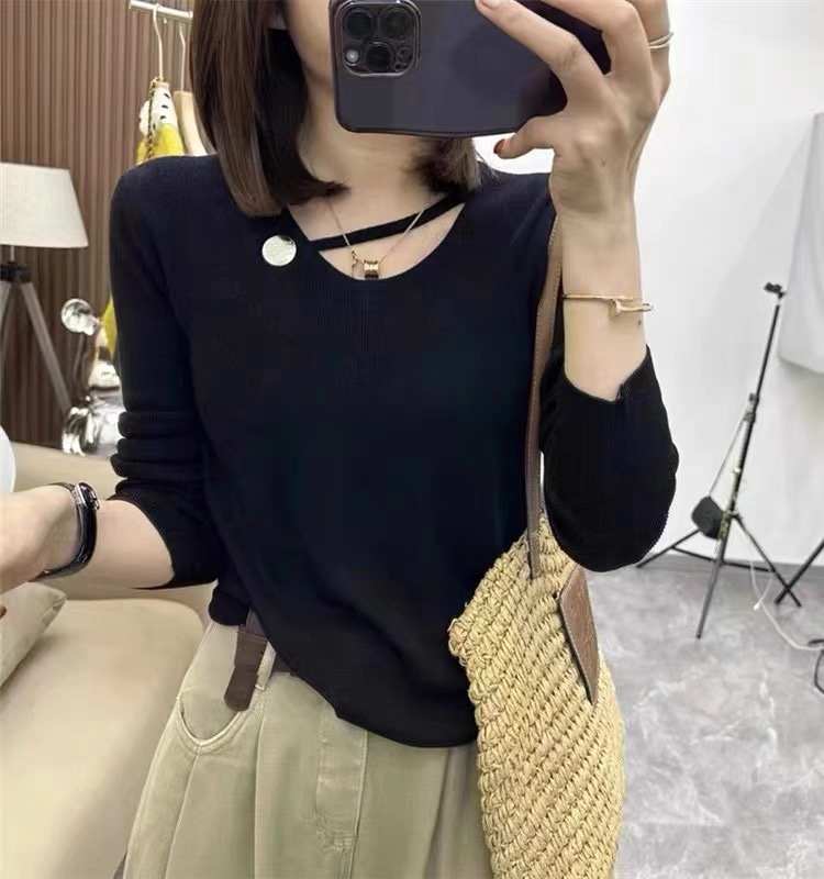 2023歐貨早秋款U型領不規則條紋顯瘦彈力女簡約百搭打底衫