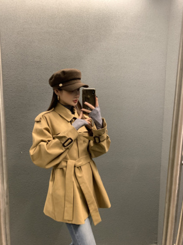 韩国chic秋冬新款法式复古翻领长袖风衣女中长款系带外套