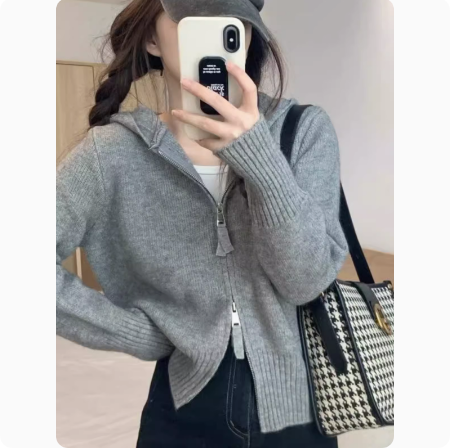 Gray double zipper hooded right shoulder knitted cardigan coat for women autumn and winter short lazy style sweater long sleeve top