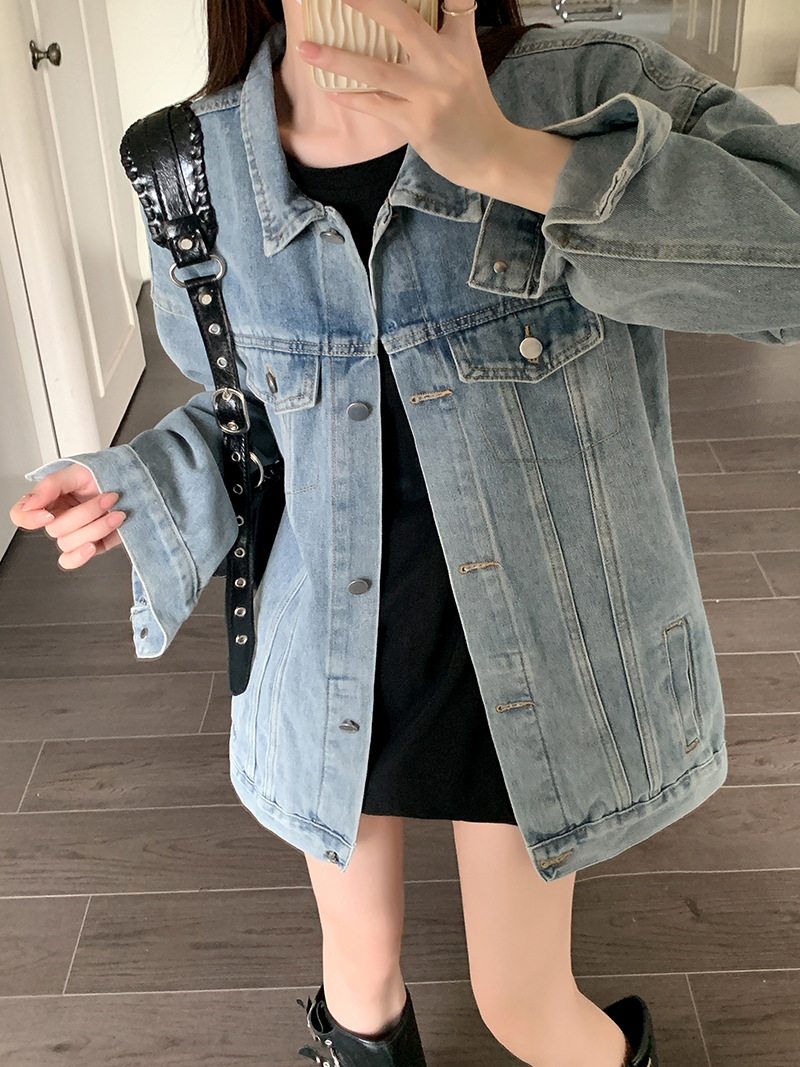 Actual shot ~ blue retro denim jacket for women new Korean version loose and versatile ins trend outer jacket top