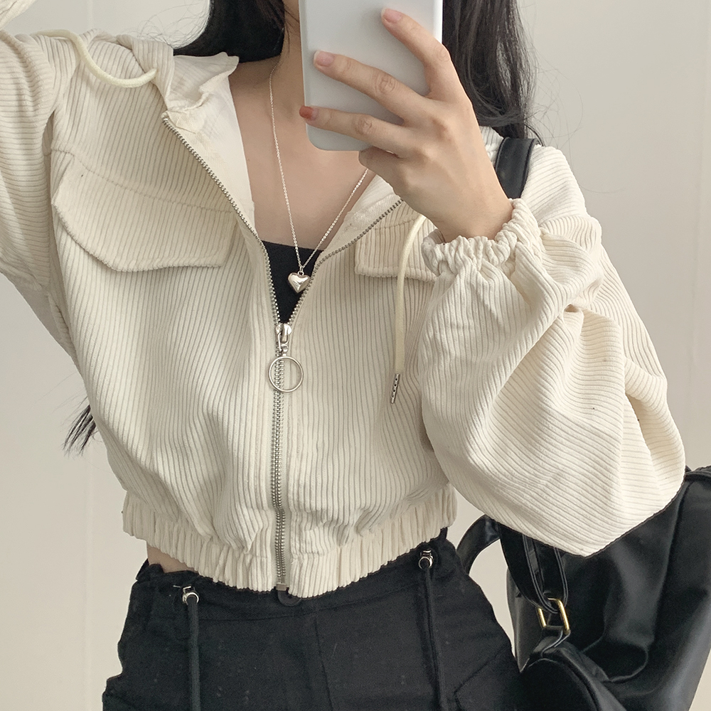 韓國ins 氣質 學院風 燈芯絨 坑條收腰 連帽 小外套女