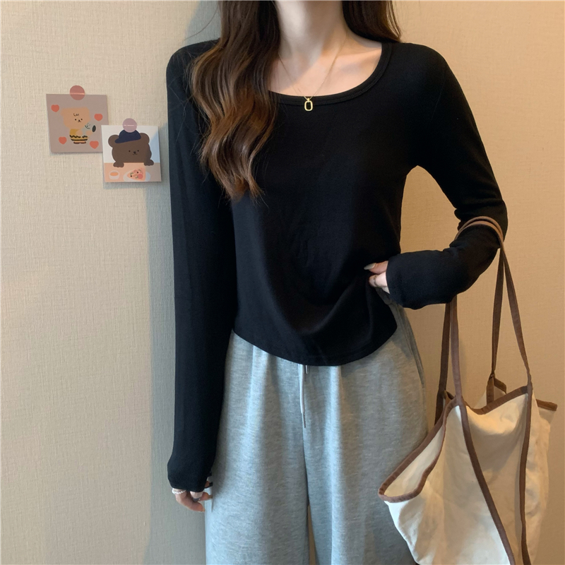 Real shot 2023 new irregular hem bottoming shirt for women with long-sleeved tops and versatile T-shirts