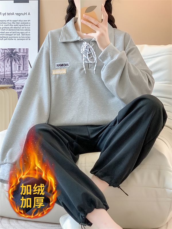 2023實拍 秋冬加絨加厚九分褲長袖休閒寬鬆時尚休閒套裝女長褲子