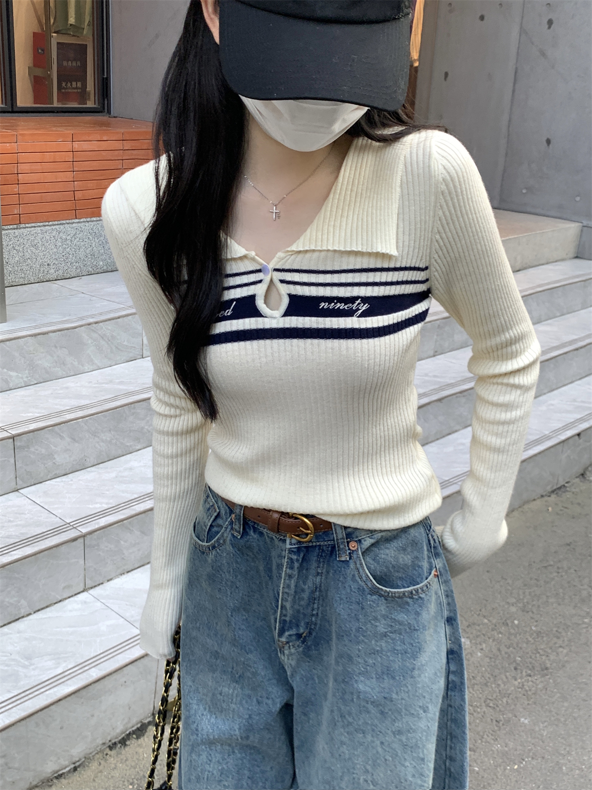 實拍 秋冬韓版修身polo領氣質條紋刺繡設計感針織打底女毛衣