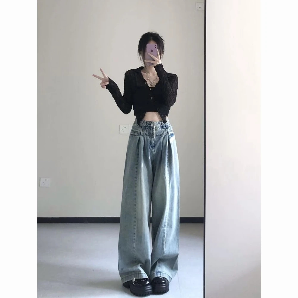 復古垂感牛仔褲女春夏設計感高腰辣妹小個子寬鬆直筒拖地闊腿長褲