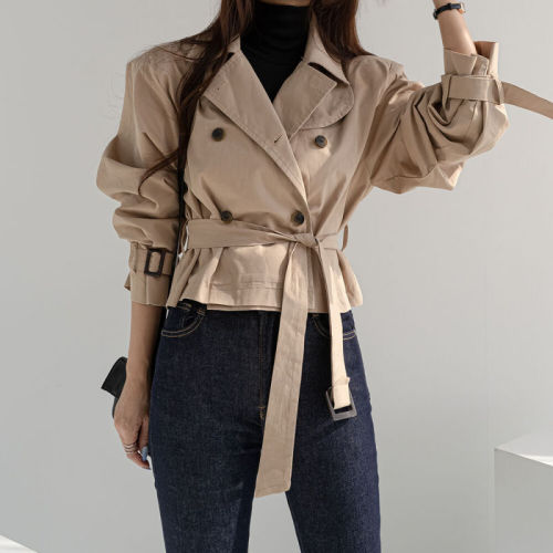 尺码更新韩国chic秋季绑带西装领单排扣风衣女宽松短款外套