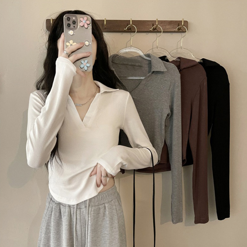 Long-sleeved T-shirt 6535 stretch cotton POLO collar short irregular girl slim-fitting top