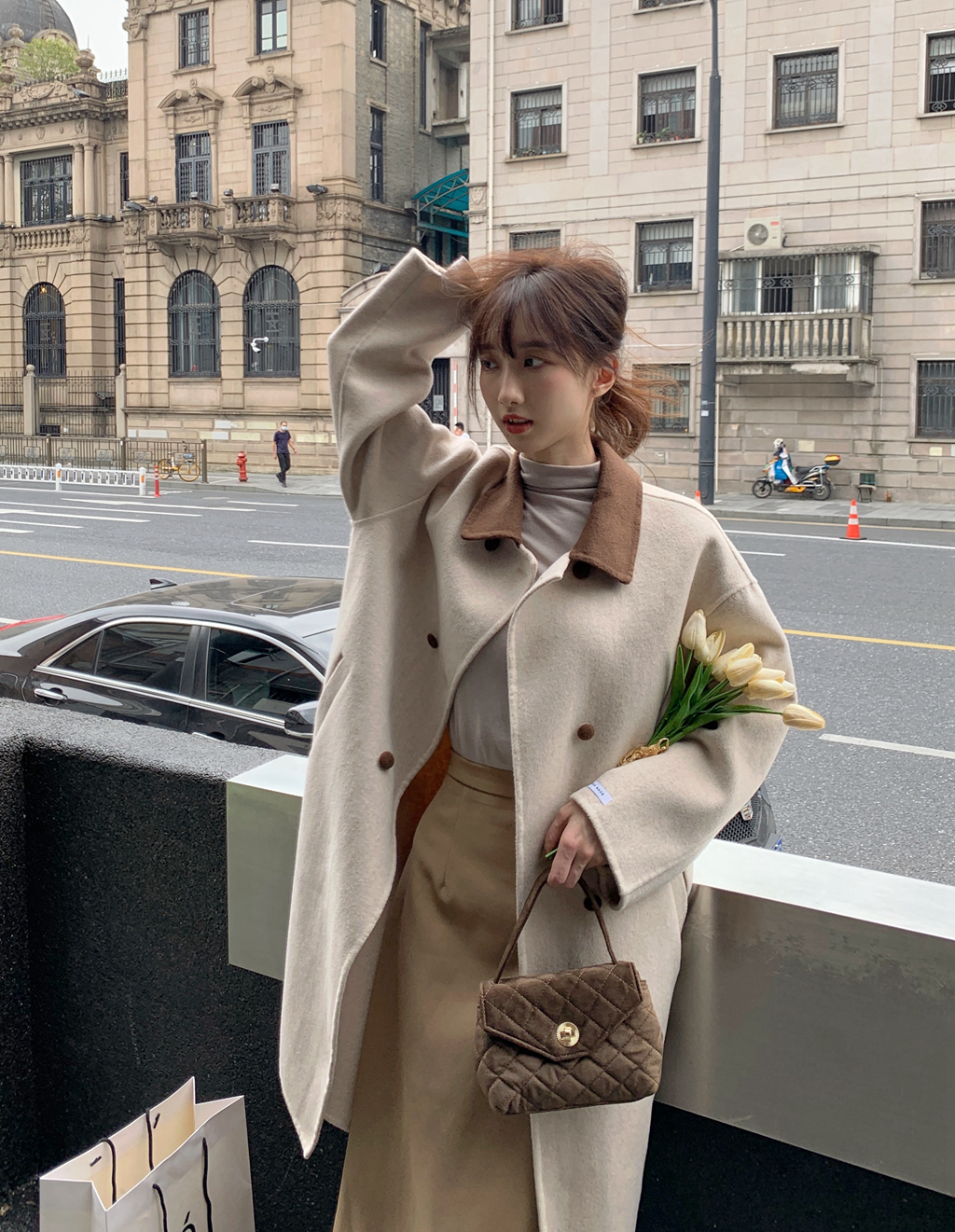 赫本風潮設計感小眾毛呢大衣冬季韓系復古女撞色翻領長款風衣外套