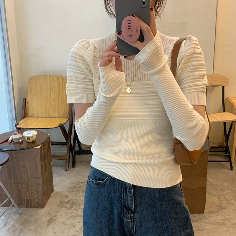 實拍 韓版設計感微高領立體坑條針織衫秋冬分節手袖修身毛衣