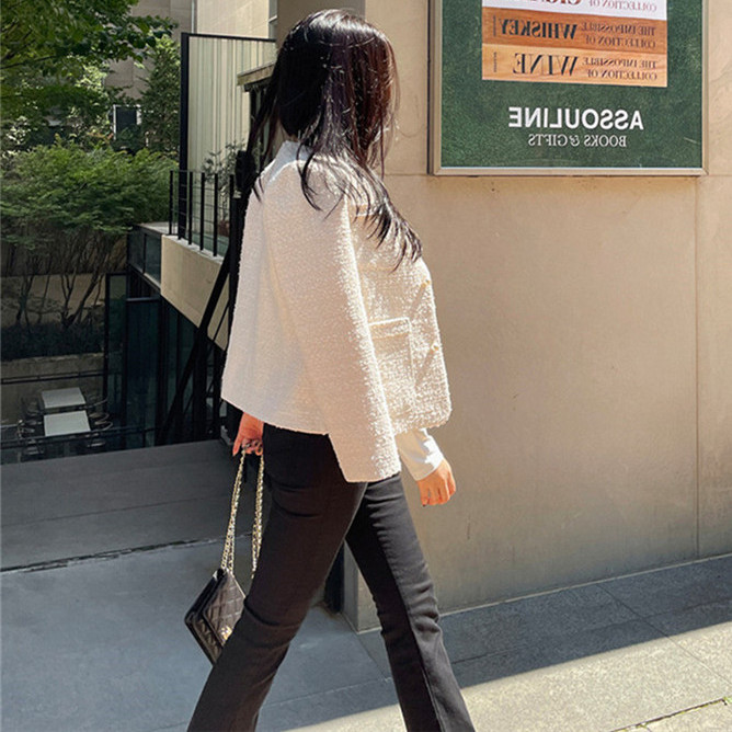 Pearl button small fragrant round neck cardigan jacket for women 2023 spring Korean style petite tweed temperament top