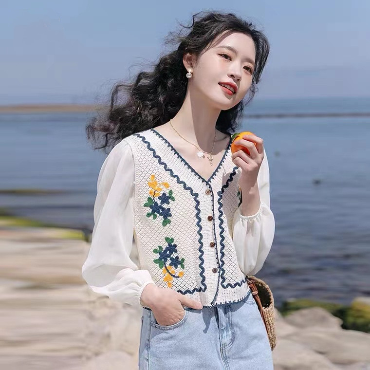 法式上衣女小設計感春夏2023新款洋氣刺繡繡花鏤空開衫上衣