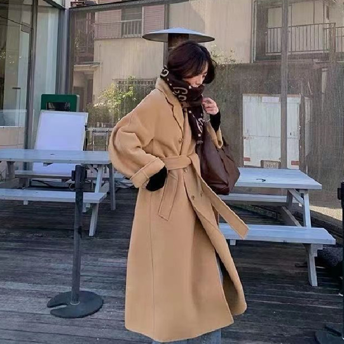 2023秋冬季新款過膝毛呢中長款外套女加厚赫本風小個子呢子大衣女
