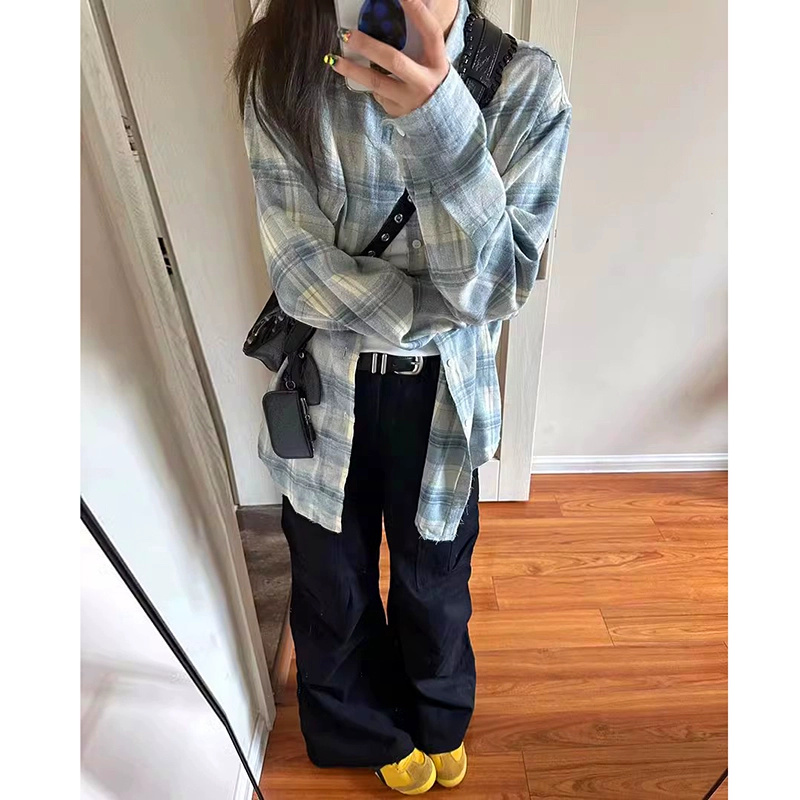 法式藍色格子設計感小眾長袖襯衫女寬鬆中長款2023春秋情侶裝外套