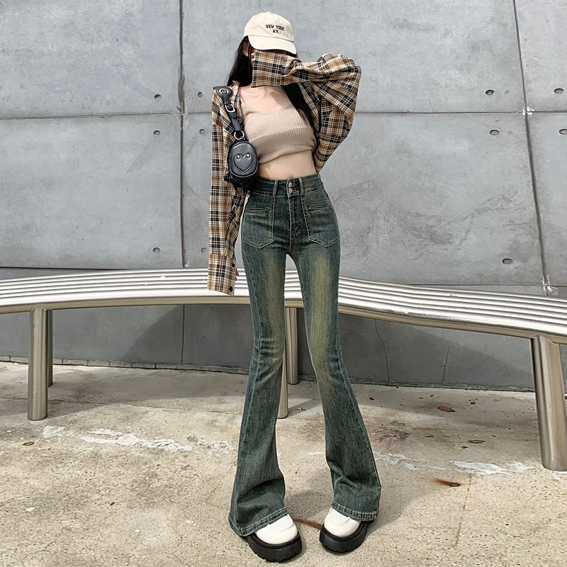 實拍2023秋季時尚美式彈力微喇新款修身高腰喇叭潮 牛仔褲女