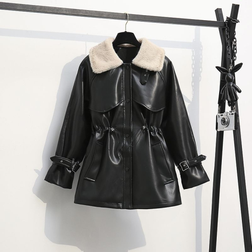 Plus size women's winter new fashion temperament waist-cinching fur all-in-one motorcycle plus velvet leather jacket