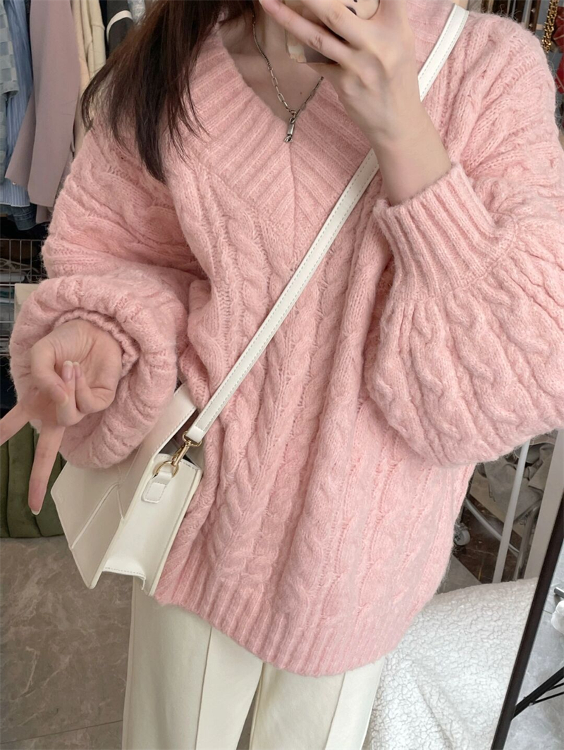 軟糯麻花毛衣女秋冬v領慵懶風寬鬆設計感小眾日系復古中長款