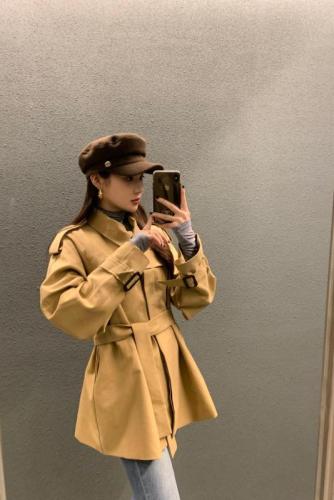 韩国chic秋冬新款法式复古翻领长袖风衣女中长款系带外套