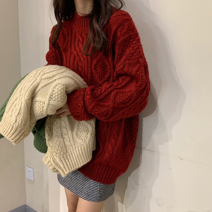 大碼氣質半高領酒紅色中長款毛衣女秋冬慵懶風復古麻花打底針毛線