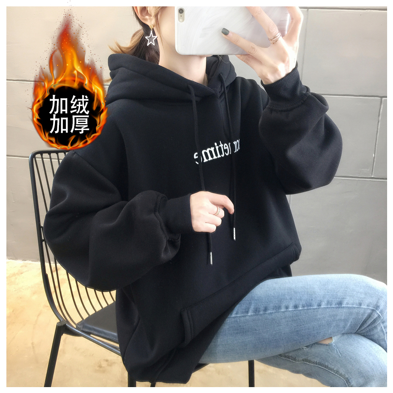 實拍秋冬新款韓版字母刺繡百搭連帽寬鬆大碼女裝加絨衛衣女
