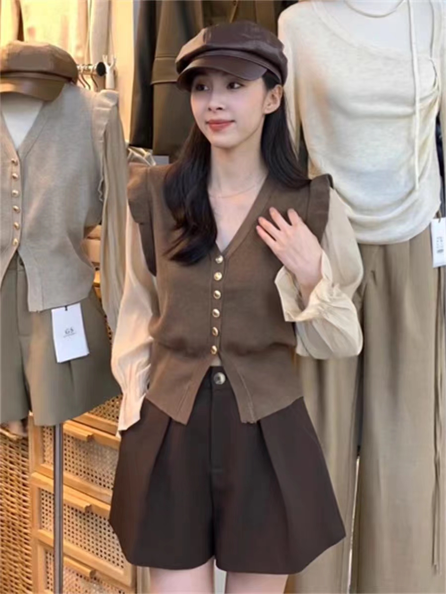 韓系荷葉邊泡泡袖V領時尚針織開衫女2023秋季新款洋氣假兩件上衣