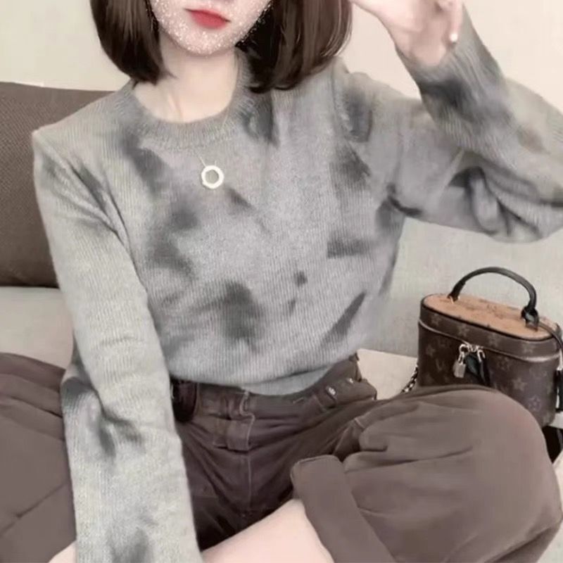 ~秋季新款設計感暈染印花圓領打底針織衫女