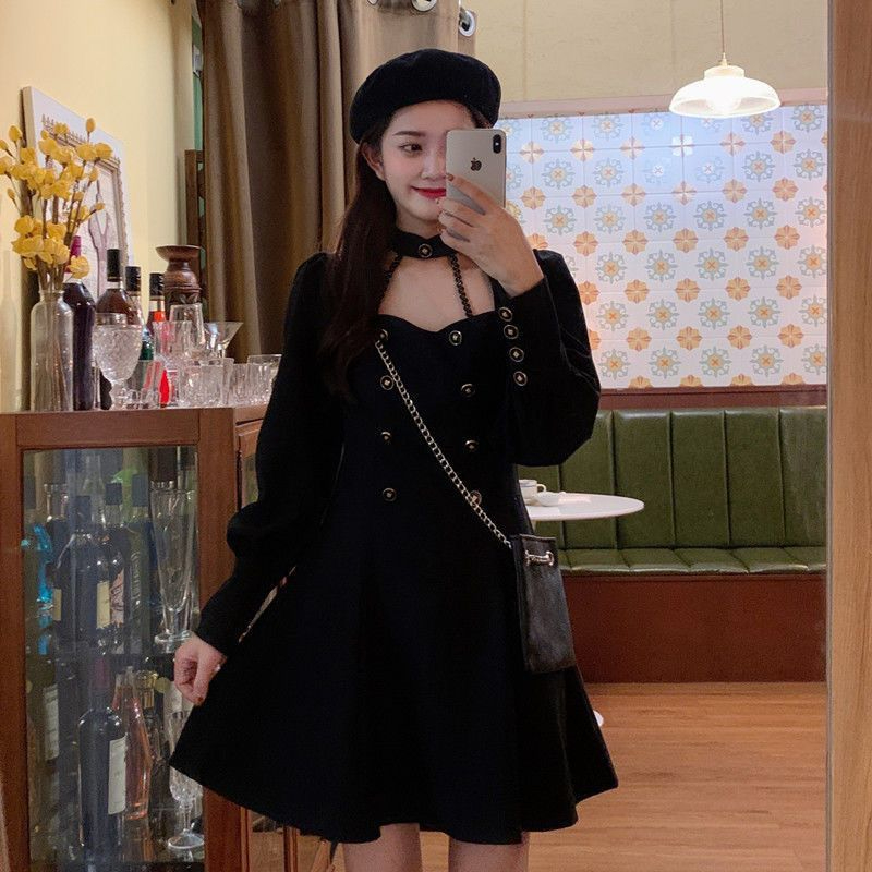 原版做法+拉鏈大碼連衣裙女春秋胖MM赫本風排扣內搭復古小黑裙