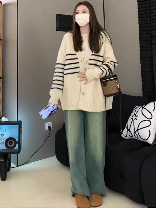 aaaaxbbb燕麥Bagel經典休閒條紋針織開衫韓版寬鬆顯瘦百搭上衣女