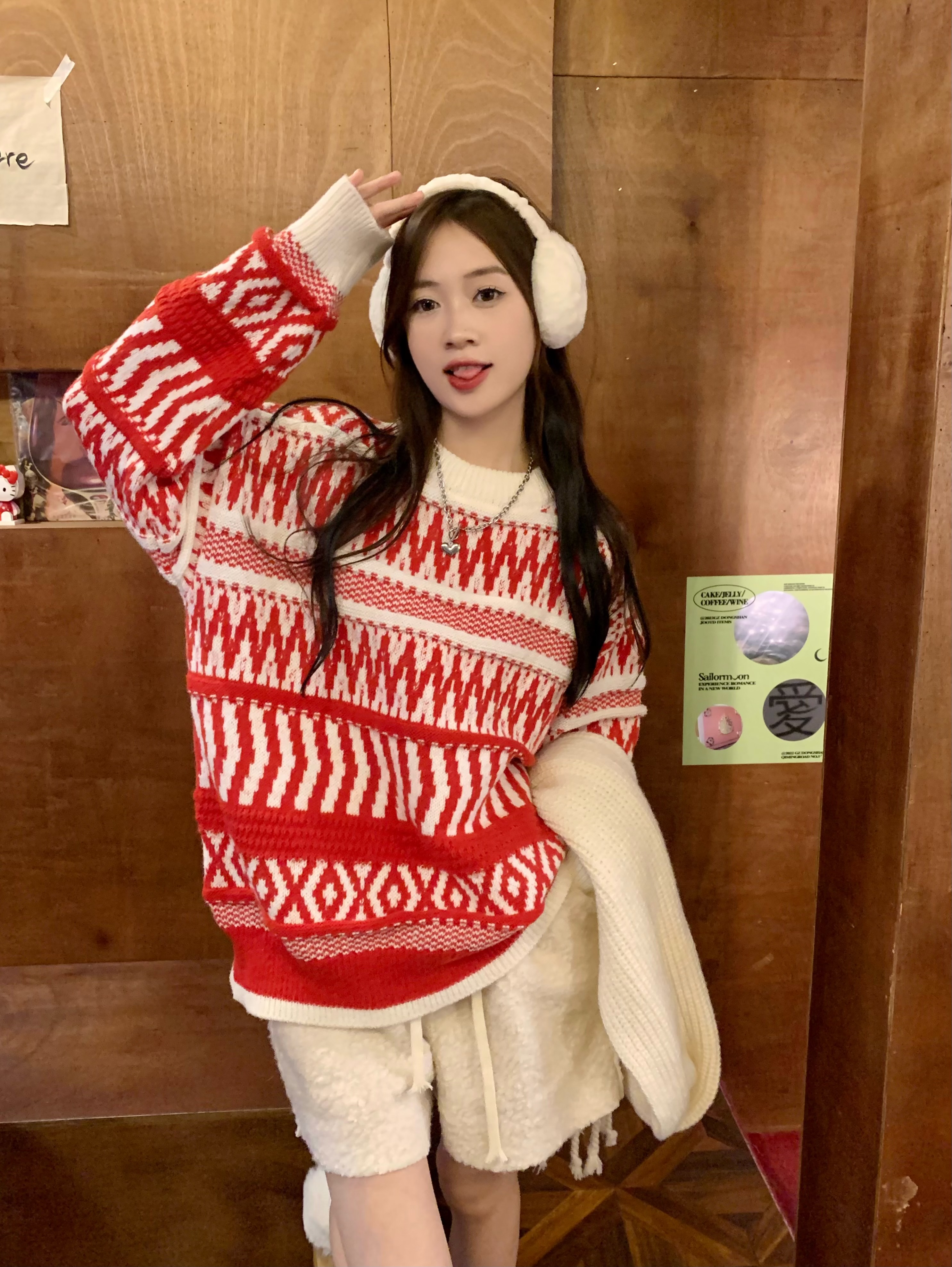 實拍 喜慶紅色慵懶風毛衣女秋冬季設計感加厚上衣女