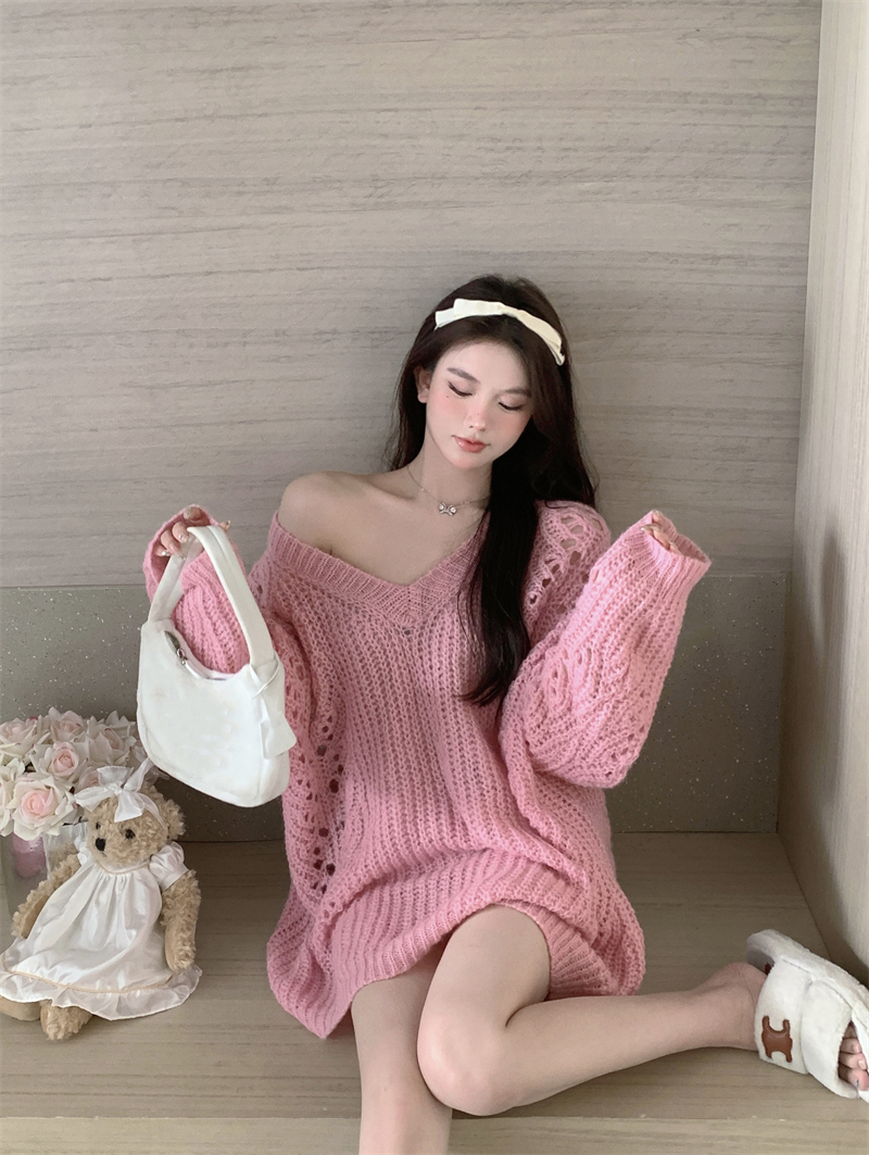 實拍 慵懶風寬鬆女神百搭V領長袖毛衣