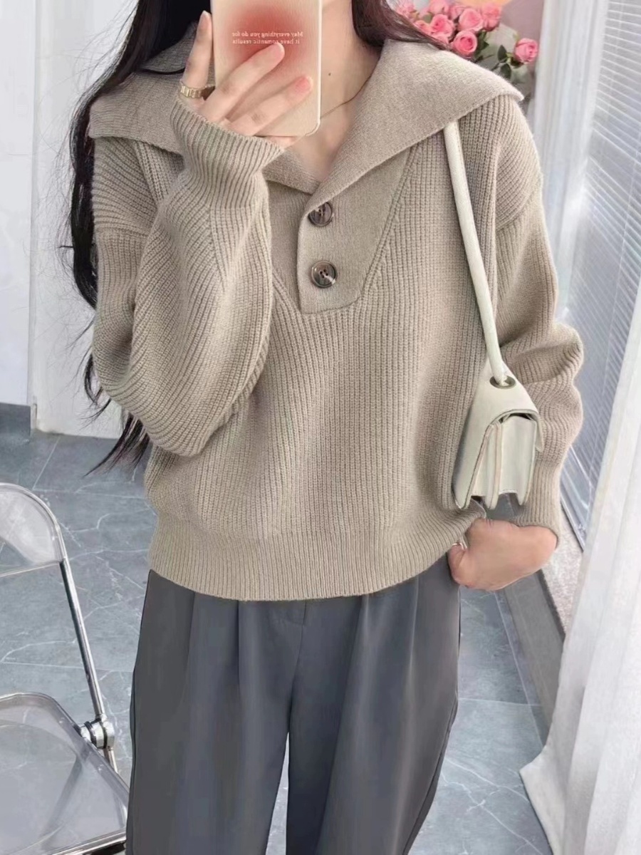復古慵懶風大翻領套頭毛衣女秋冬2023新款小眾設計感寬鬆針織上衣