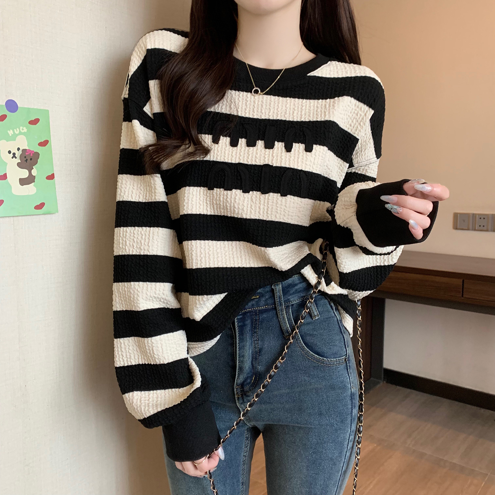 首發實拍泡芙格衛衣女春秋薄款紋圓領長袖t恤上衣大碼女裝200斤