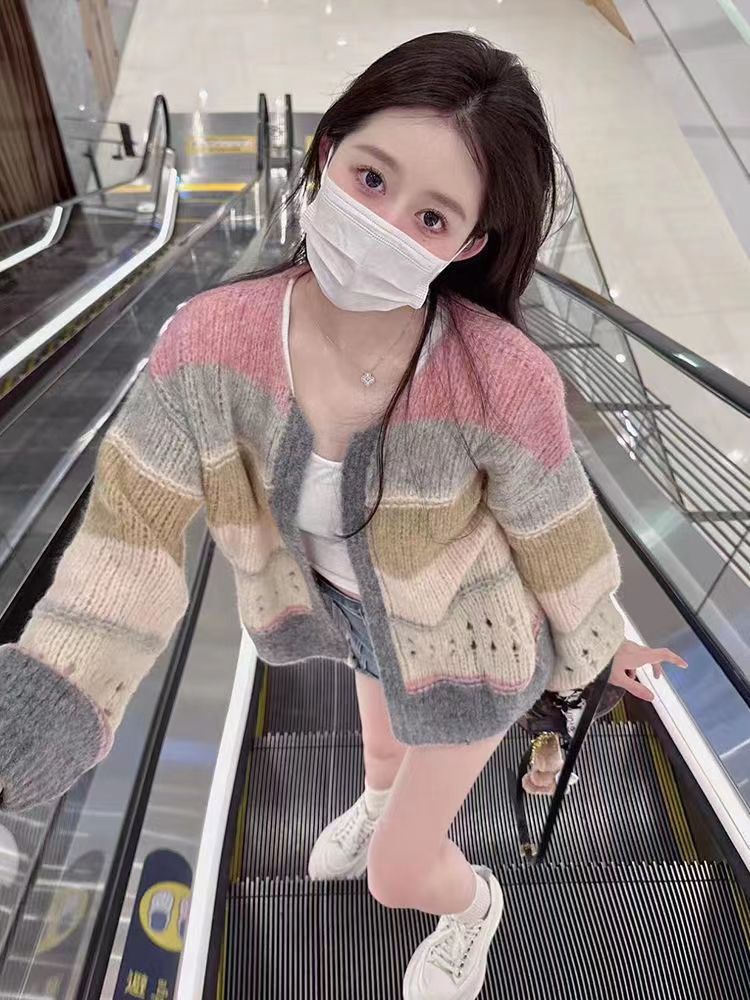 彩色條紋軟糯慵懶風開衫毛衣女秋冬新款時尚洋氣寬鬆顯瘦針織外套