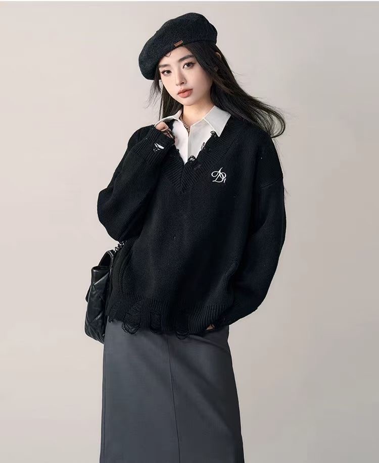 ANDYET AD1 原創LOGO刺繡V領破洞毛衣基礎款秋冬寬鬆針織衫