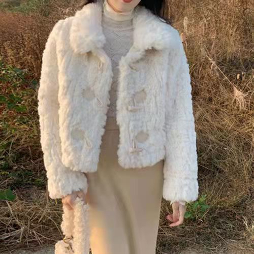Stand collar short fur coat for women, Korean style imitation rex rabbit fur, versatile and casual, winter for small people, long sleeves, loose and thickened