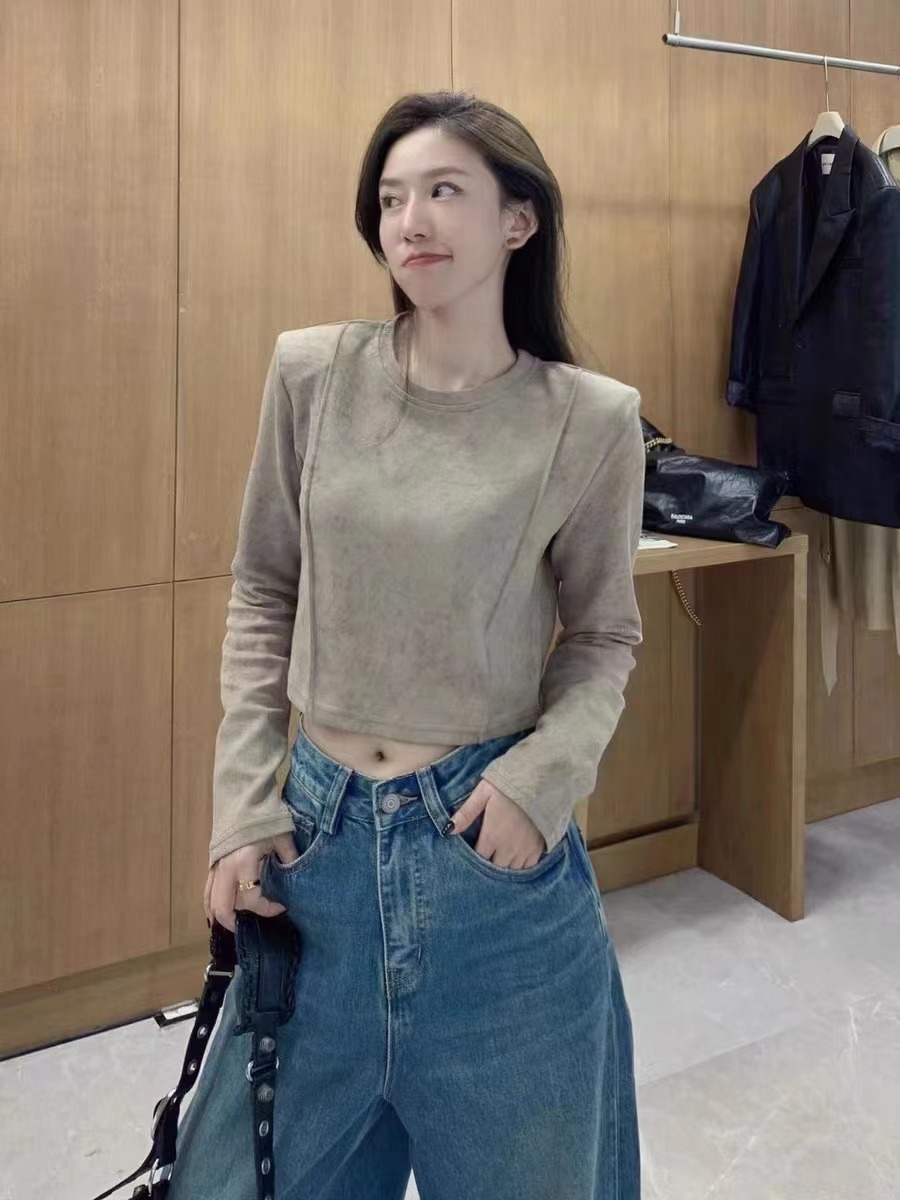 European Station 2023 Early Autumn New Round Neck High Waisted Short Tie-Dye Long Sleeve Style Bottoming T-shirt Top