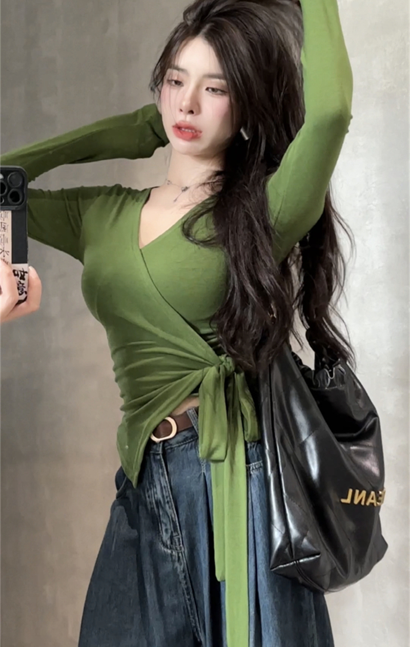 實拍 早秋季新款設計感百搭V領長袖收腰綁帶不規則女上衣T恤