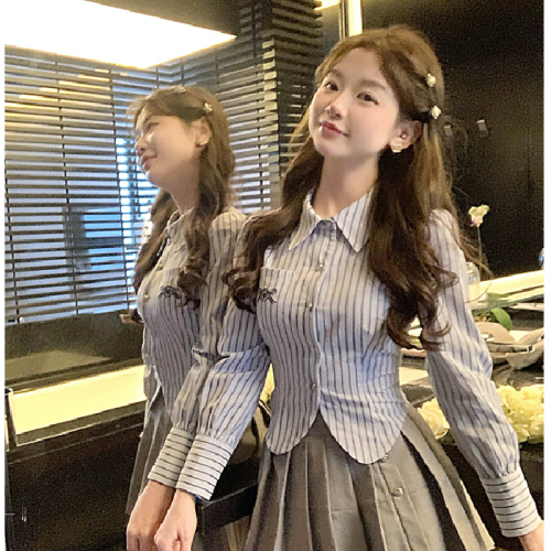 College style blue short-sleeved striped shirt for women  early autumn new style irregular slim design niche top