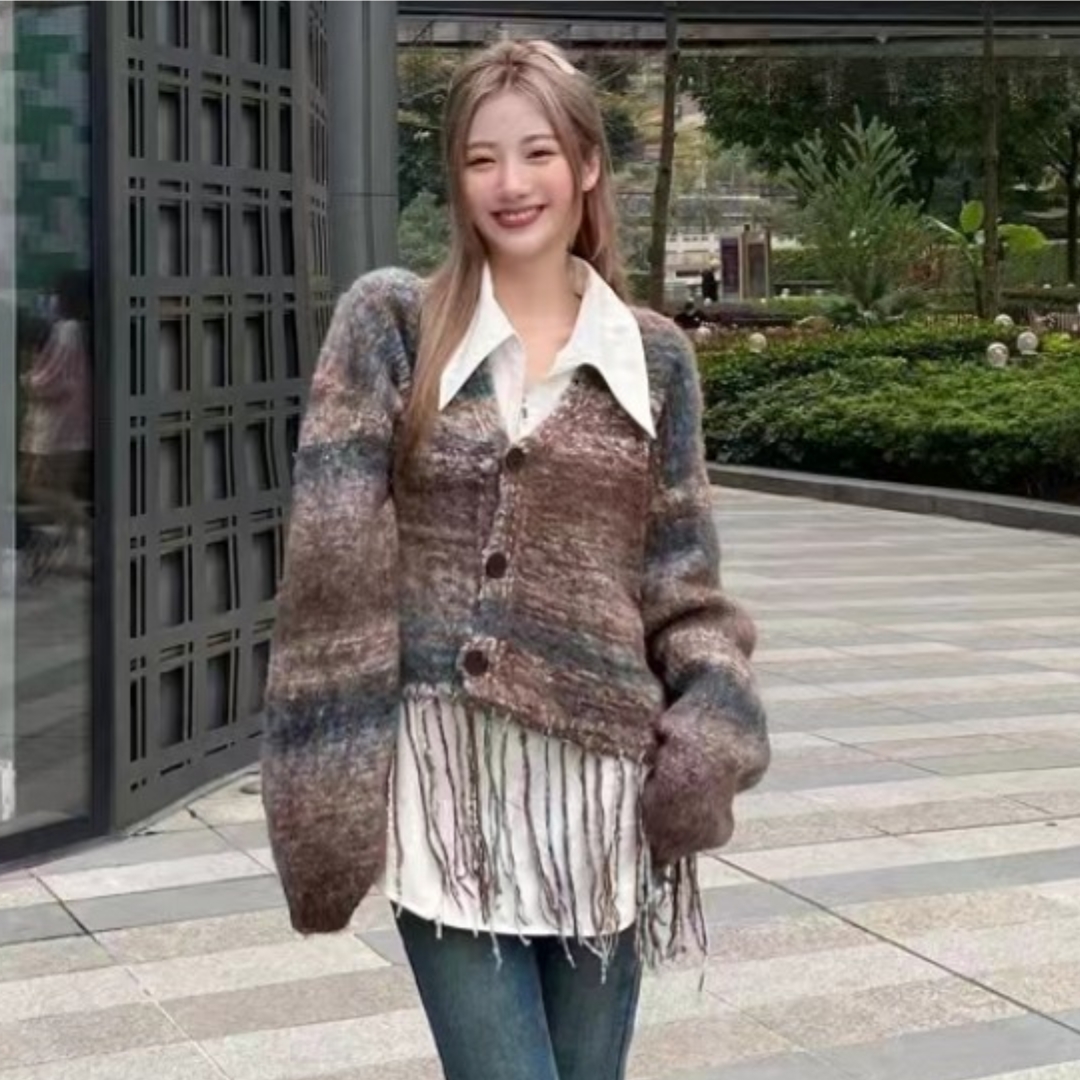 七七不是77/條紋v領流蘇針織開衫外套女早春新款獨特上衣超好看