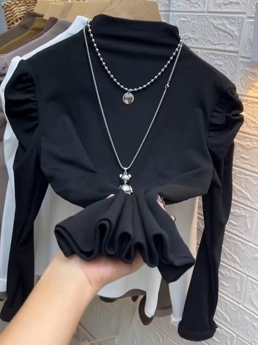 Designed pleated puff sleeves half turtleneck bottoming shirt for women in autumn and winter Maillard inner long-sleeved T-shirt slim top