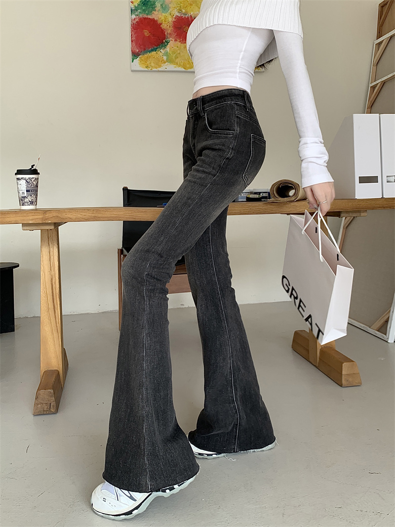 實拍~灰色微喇牛仔褲女2023新款修身拖地褲垂感高級感闊腿褲