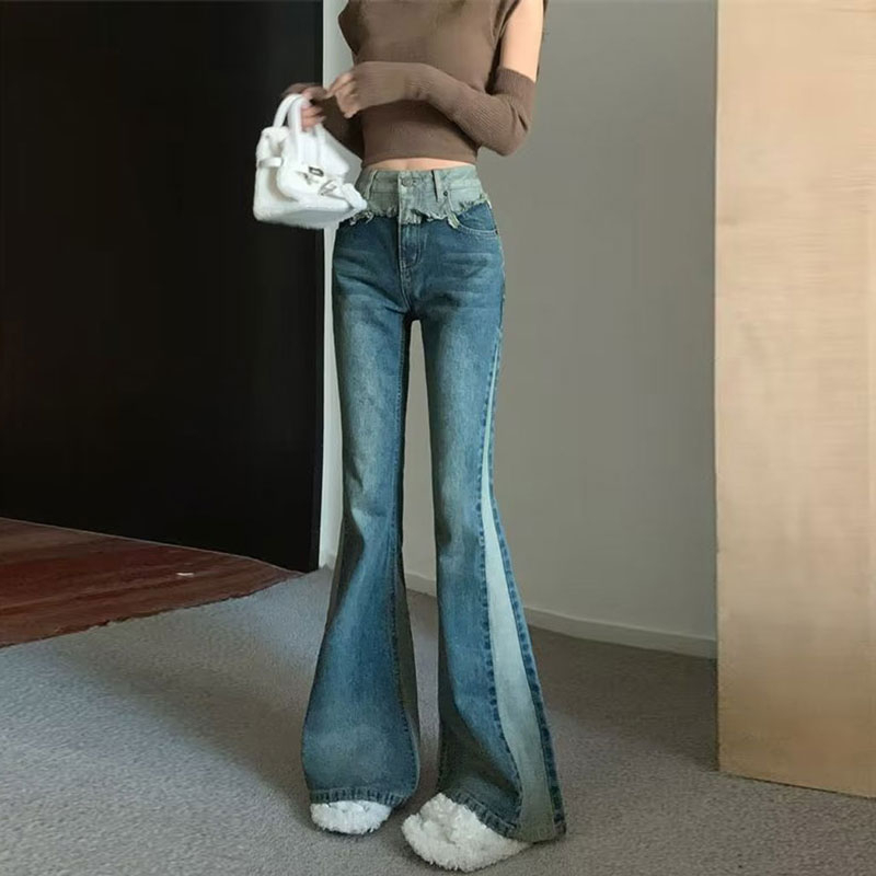 微喇叭牛仔褲女時尚拼接美式撞色高腰修身百搭網紅復古馬蹄長褲子