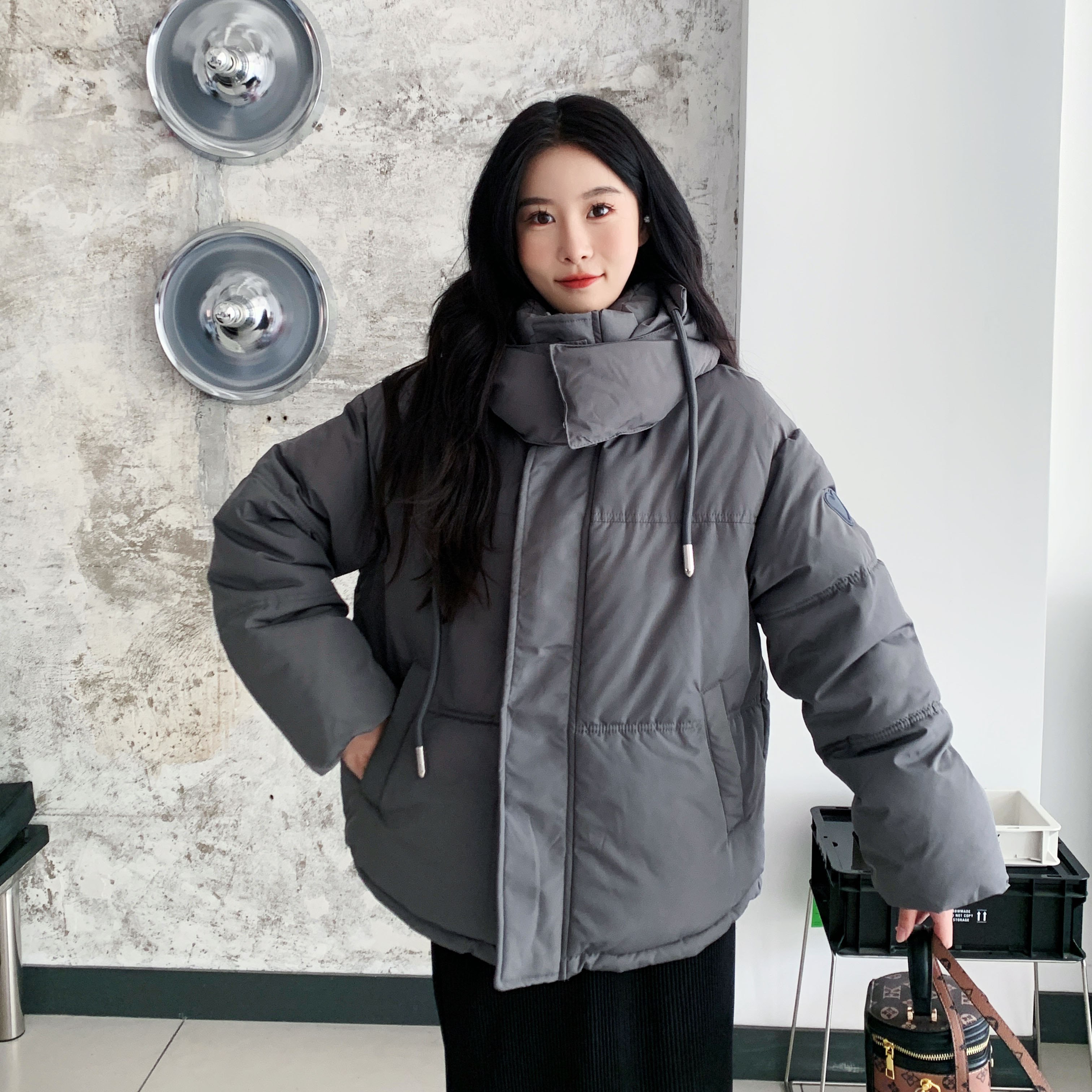 實拍愛心短款棉服2023年新款男女情侶設計感麵包服棉衣冬外套