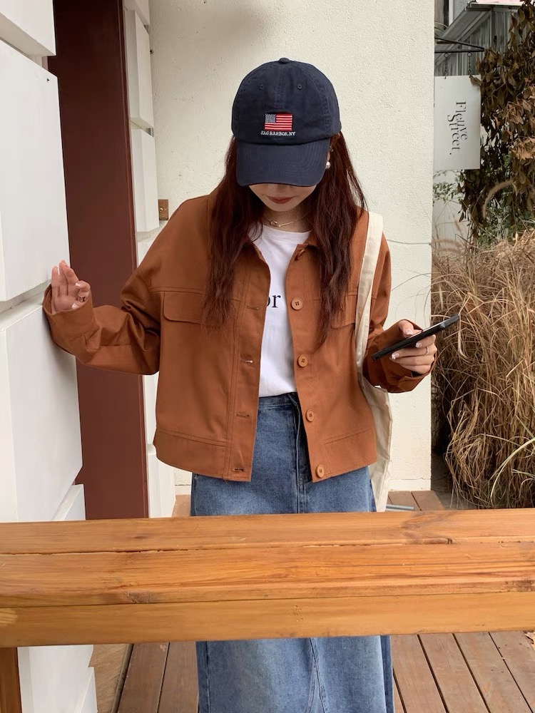 日系復古polo領工裝外套秋冬潮小個子寬鬆休閒女短夾剋薄開衫上衣