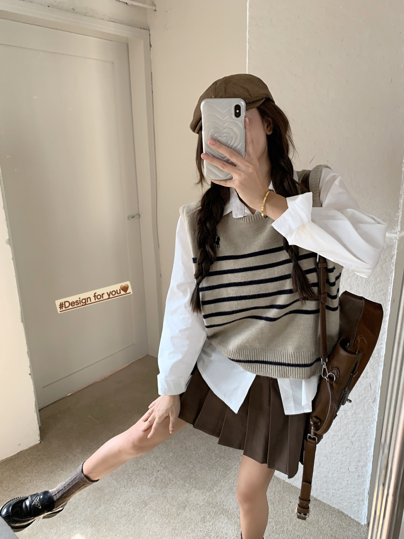 實拍 學院風套裝女針織馬甲背心襯衫百褶裙美式復古三件套