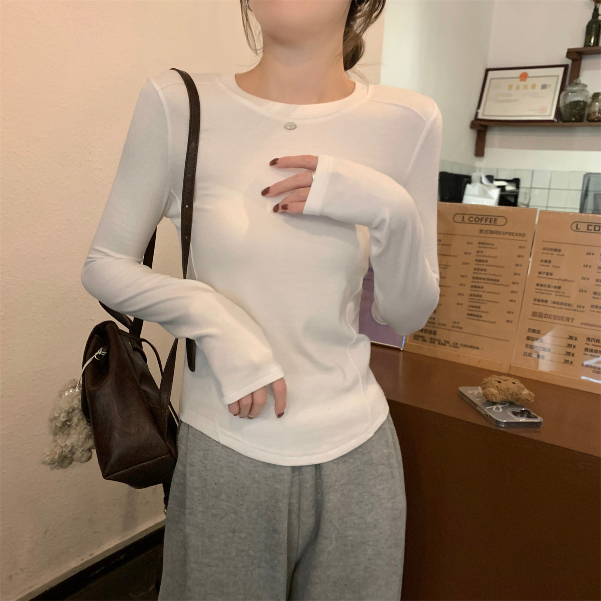 實拍 秋冬韓版純色修身魚骨設計感純棉內搭長袖打底女T恤上衣