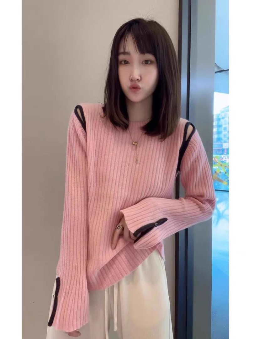 圓領撞色軟軟糯糯毛衣女秋冬新款韓版慵懶風設計感露肩奶呼呼上衣